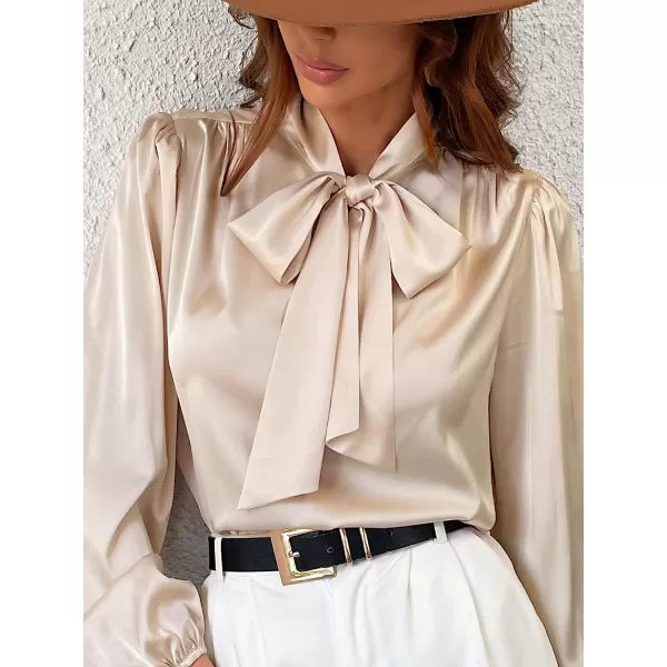 imageCUPSHE Womens Bow Tie Lantern Long Sleeve Satin Shirts Formal High Neck Work Out BlousesChampagne