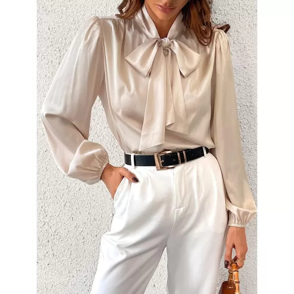 imageCUPSHE Womens Bow Tie Lantern Long Sleeve Satin Shirts Formal High Neck Work Out BlousesChampagne