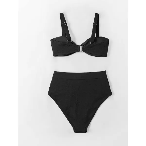imageCUPSHE Womens Bowkont Front Bikini Set Tummy Control High Waisted Belted Bathing SuitBlack