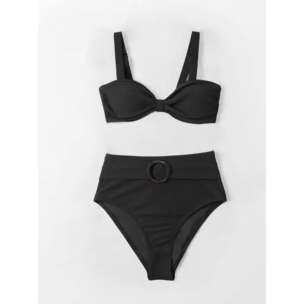 imageCUPSHE Womens Bowkont Front Bikini Set Tummy Control High Waisted Belted Bathing SuitBlack