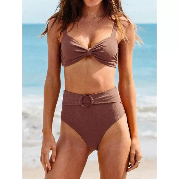 imageCUPSHE Womens Bowkont Front Bikini Set Tummy Control High Waisted Belted Bathing SuitBrown