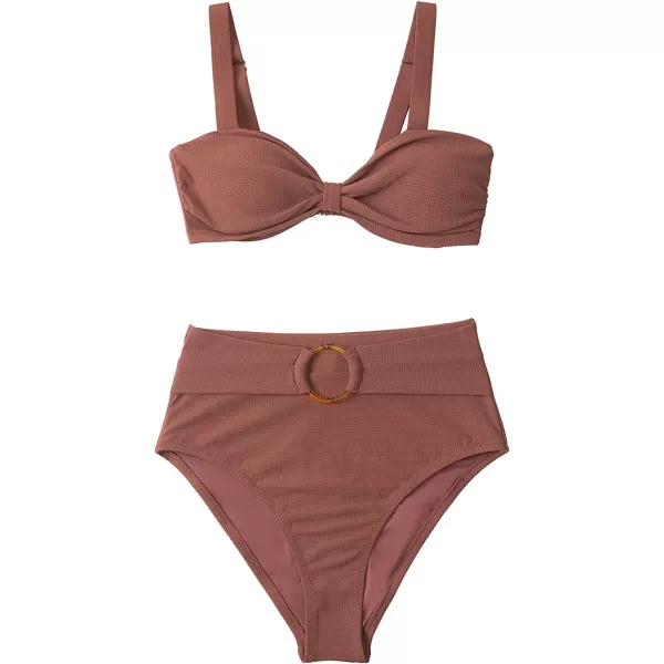 imageCUPSHE Womens Bowkont Front Bikini Set Tummy Control High Waisted Belted Bathing SuitBrown