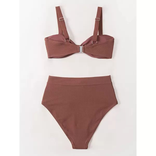 imageCUPSHE Womens Bowkont Front Bikini Set Tummy Control High Waisted Belted Bathing SuitBrown
