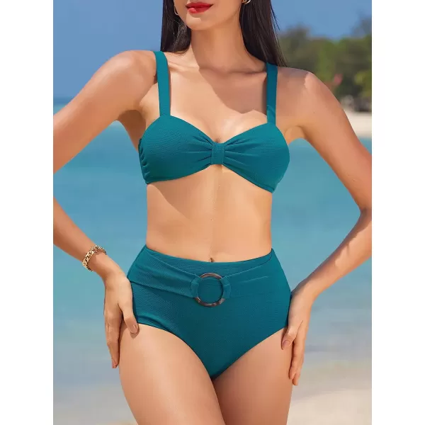 imageCUPSHE Womens Bowkont Front Bikini Set Tummy Control High Waisted Belted Bathing SuitTeal