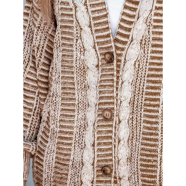 imageCUPSHE Womens Button Down Open Front Cardigan Long Sleeve Lightweight Knit Sweater Casual OuterwearKhaki Stripe
