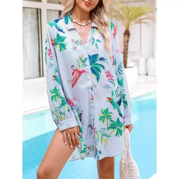 imageCUPSHE Womens Button Down Swimsuit Coverup Long Sleeve Floral Print Beach Cover Up Stripes Shirt DressBlue Floral