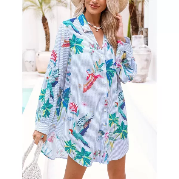 imageCUPSHE Womens Button Down Swimsuit Coverup Long Sleeve Floral Print Beach Cover Up Stripes Shirt DressBlue Floral
