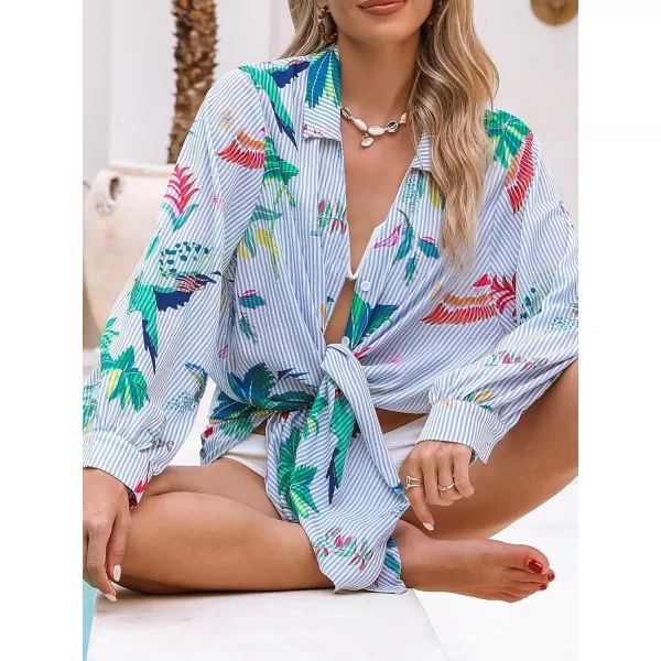 imageCUPSHE Womens Button Down Swimsuit Coverup Long Sleeve Floral Print Beach Cover Up Stripes Shirt DressBlue Floral