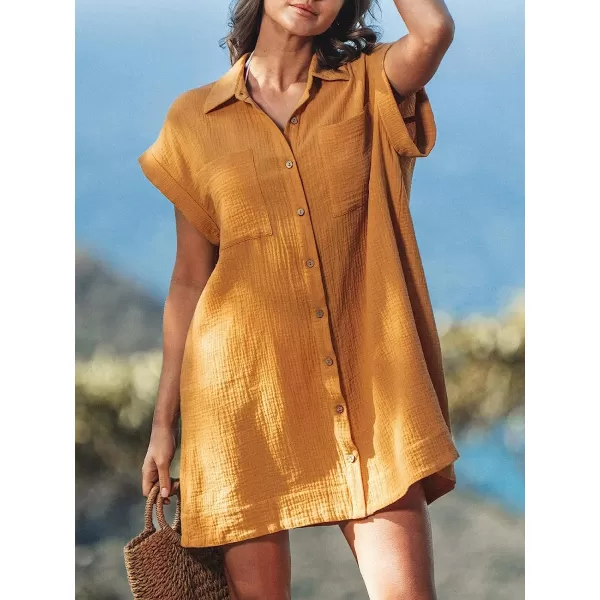 imageCUPSHE Womens Button Front Short Sleeve Mini Shirt Dress A Line Short Dress with PocketsYellow