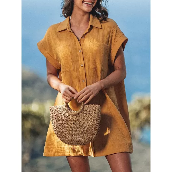 imageCUPSHE Womens Button Front Short Sleeve Mini Shirt Dress A Line Short Dress with PocketsYellow