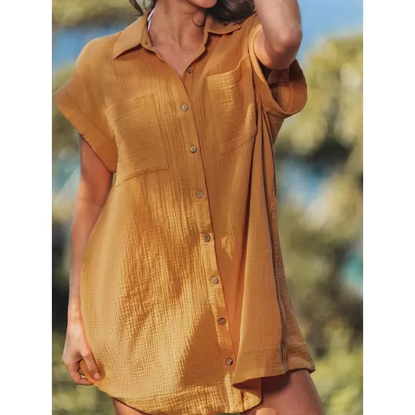 imageCUPSHE Womens Button Front Short Sleeve Mini Shirt Dress A Line Short Dress with PocketsYellow