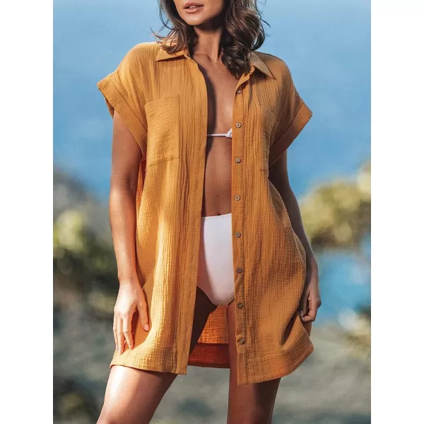 imageCUPSHE Womens Button Front Short Sleeve Mini Shirt Dress A Line Short Dress with PocketsYellow