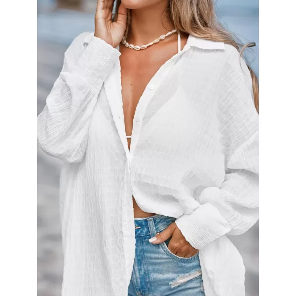 imageCUPSHE Womens Button Front Swimsuit Cover Ups Long Sleeve Drop Shoulder Oversized Beach Shirt DressWhite