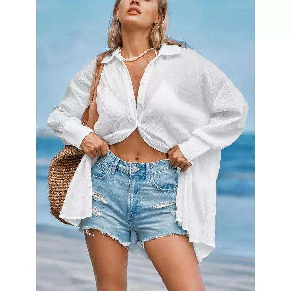 imageCUPSHE Womens Button Front Swimsuit Cover Ups Long Sleeve Drop Shoulder Oversized Beach Shirt DressWhite