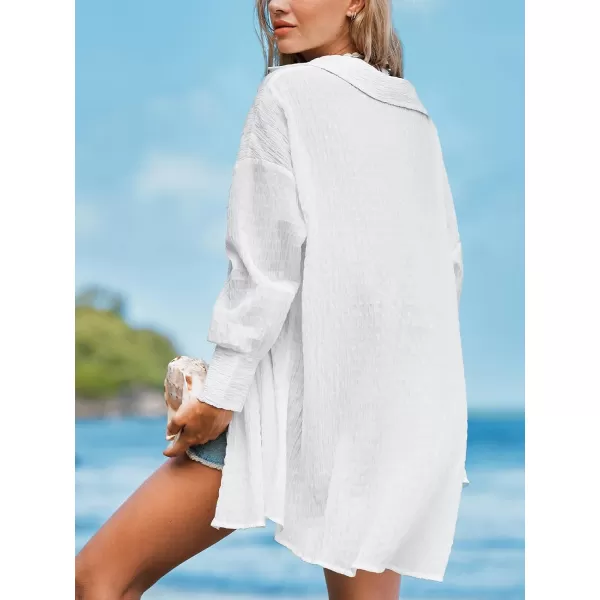 imageCUPSHE Womens Button Front Swimsuit Cover Ups Long Sleeve Drop Shoulder Oversized Beach Shirt DressWhite