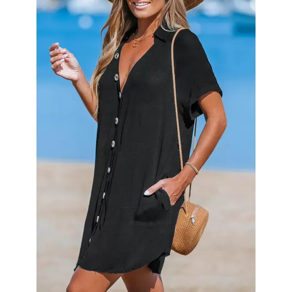 imageCUPSHE Womens Button Front Swimsuit Coverup Casual Beachwear Short Sleeve Collared Beach Shirt Dress with PocketBlack