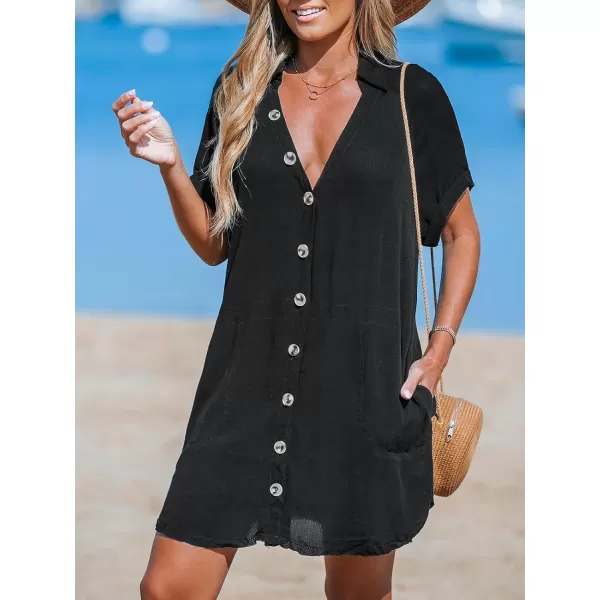 imageCUPSHE Womens Button Front Swimsuit Coverup Casual Beachwear Short Sleeve Collared Beach Shirt Dress with PocketBlack