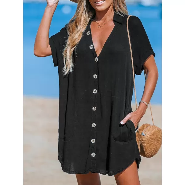 imageCUPSHE Womens Button Front Swimsuit Coverup Casual Beachwear Short Sleeve Collared Beach Shirt Dress with PocketBlack