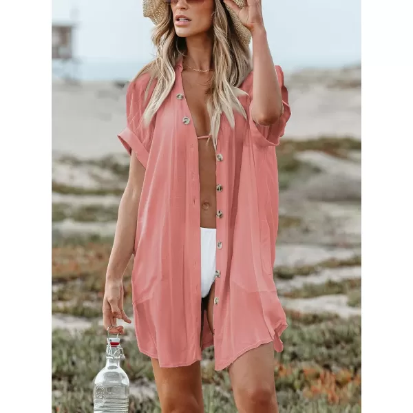 imageCUPSHE Womens Button Front Swimsuit Coverup Casual Beachwear Short Sleeve Collared Beach Shirt Dress with PocketPink