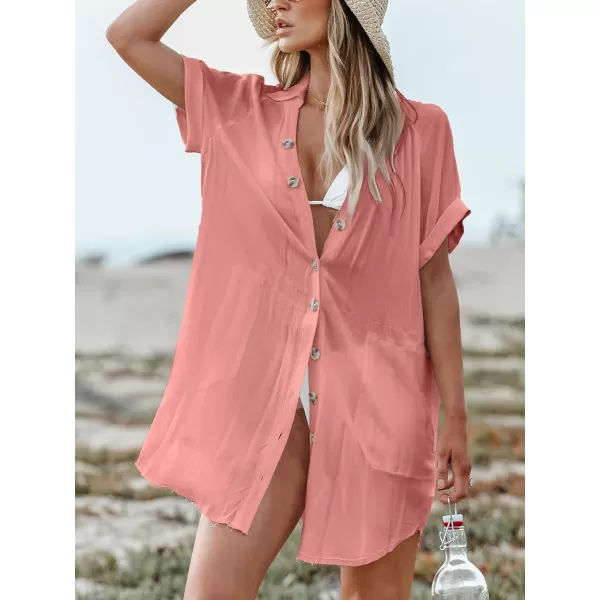 imageCUPSHE Womens Button Front Swimsuit Coverup Casual Beachwear Short Sleeve Collared Beach Shirt Dress with PocketPink