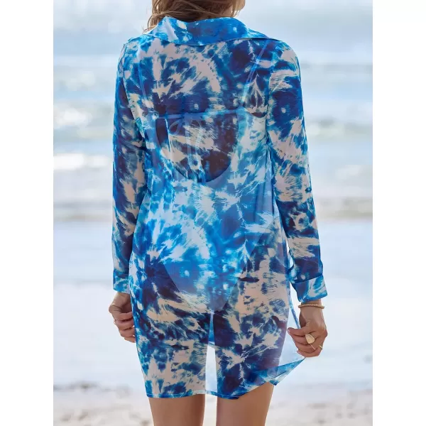 imageCUPSHE Womens Button Front Swimsuit Coverup Tie Dye Long Sleeve Beach Cover Ups ShirtBlue