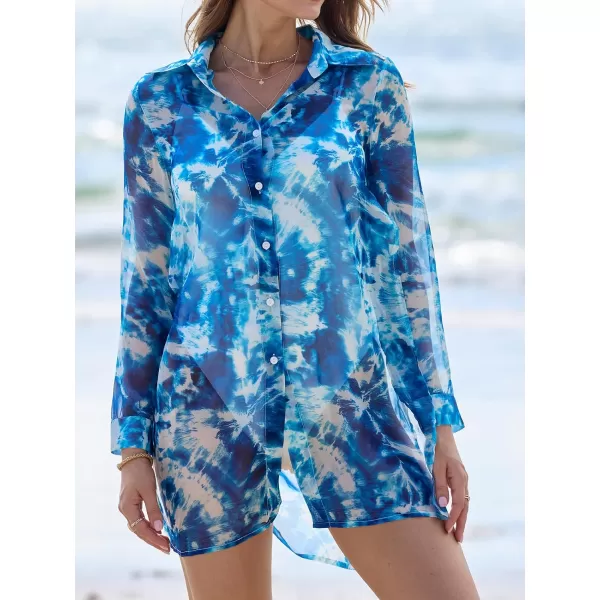 imageCUPSHE Womens Button Front Swimsuit Coverup Tie Dye Long Sleeve Beach Cover Ups ShirtBlue
