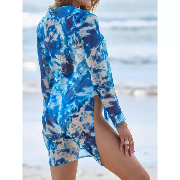 imageCUPSHE Womens Button Front Swimsuit Coverup Tie Dye Long Sleeve Beach Cover Ups ShirtBlue