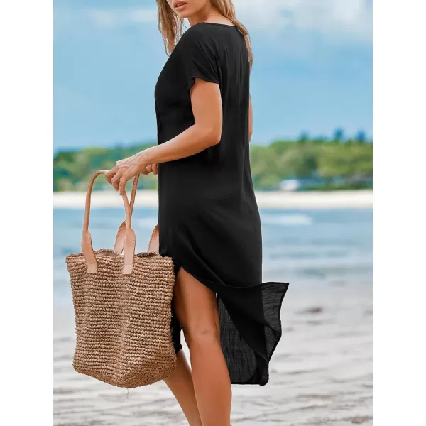 imageCUPSHE Womens Button Front V Neck Short Sleeve Slit Beach Dress Midi DressBlack