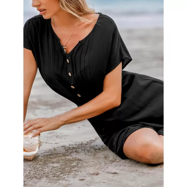imageCUPSHE Womens Button Front V Neck Short Sleeve Slit Beach Dress Midi DressBlack