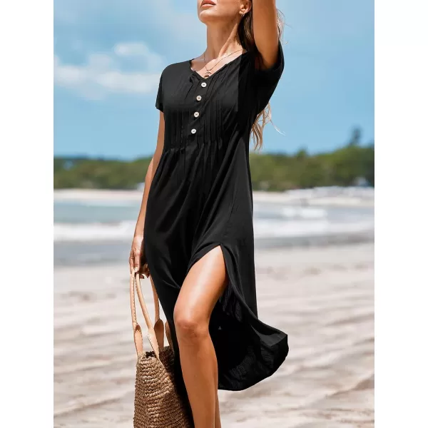 imageCUPSHE Womens Button Front V Neck Short Sleeve Slit Beach Dress Midi DressBlack