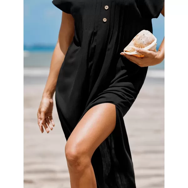 imageCUPSHE Womens Button Front V Neck Short Sleeve Slit Beach Dress Midi DressBlack