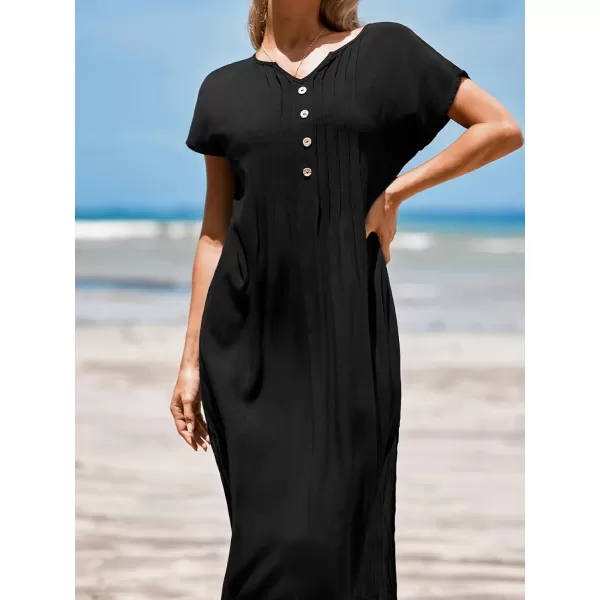 imageCUPSHE Womens Button Front V Neck Short Sleeve Slit Beach Dress Midi DressBlack