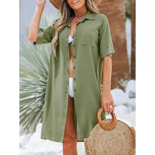 imageCUPSHE Womens ButtonFront Shirt Dress Short Sleeves Dresses V Neck Dressing CasualOlive Green