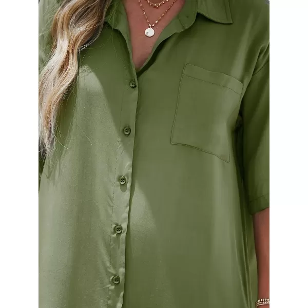 imageCUPSHE Womens ButtonFront Shirt Dress Short Sleeves Dresses V Neck Dressing CasualOlive Green
