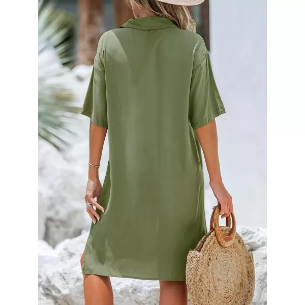 imageCUPSHE Womens ButtonFront Shirt Dress Short Sleeves Dresses V Neck Dressing CasualOlive Green