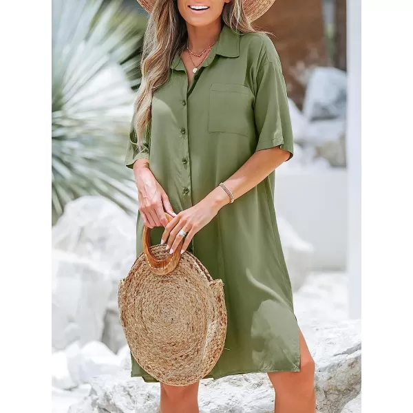 imageCUPSHE Womens ButtonFront Shirt Dress Short Sleeves Dresses V Neck Dressing CasualOlive Green