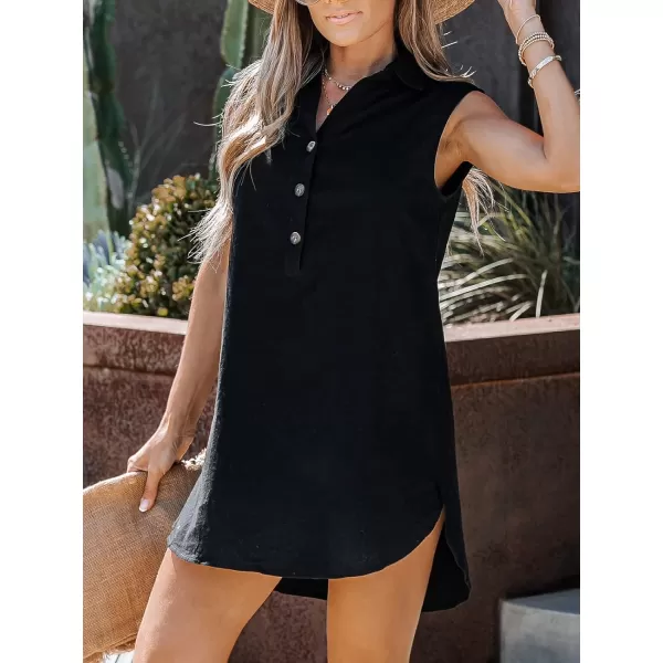 imageCUPSHE Womens Buttoned Sleeveless Shirt Dress Summer Dress Sleeveless Mini DressBlack
