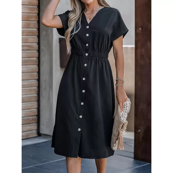 imageCUPSHE Womens Buttoned VNeck Midi Dress Short Sleeves Dresses Casual SummerBlack