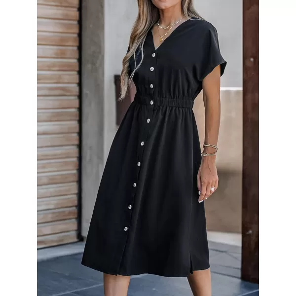 imageCUPSHE Womens Buttoned VNeck Midi Dress Short Sleeves Dresses Casual SummerBlack