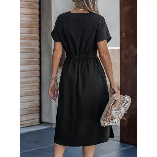 imageCUPSHE Womens Buttoned VNeck Midi Dress Short Sleeves Dresses Casual SummerBlack
