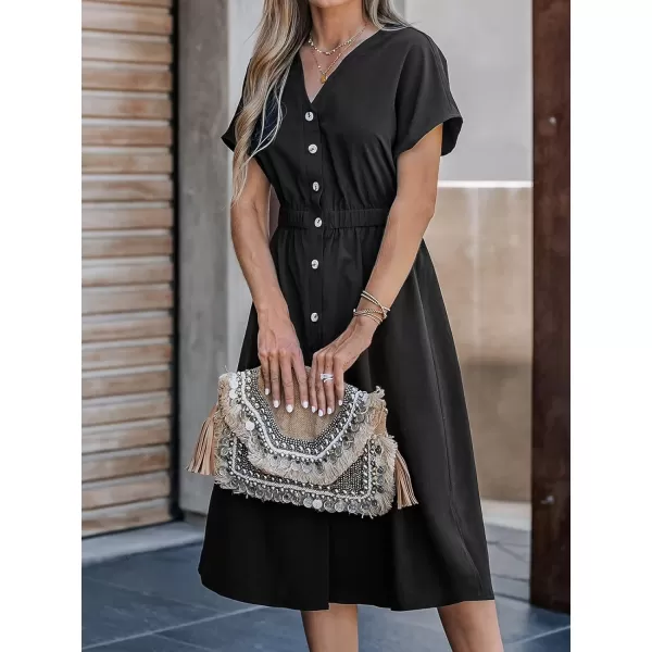 imageCUPSHE Womens Buttoned VNeck Midi Dress Short Sleeves Dresses Casual SummerBlack