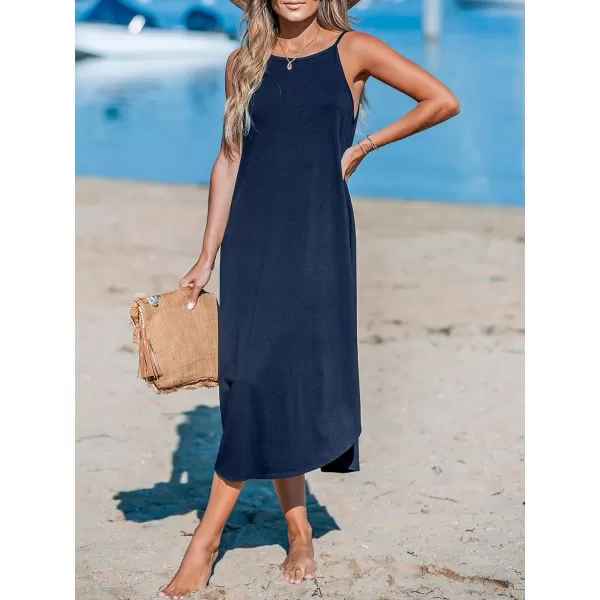 imageCUPSHE Womens Cami Maxi Dress Sleeveless V Neck Solid Dresses Casual SummerNavy Blue