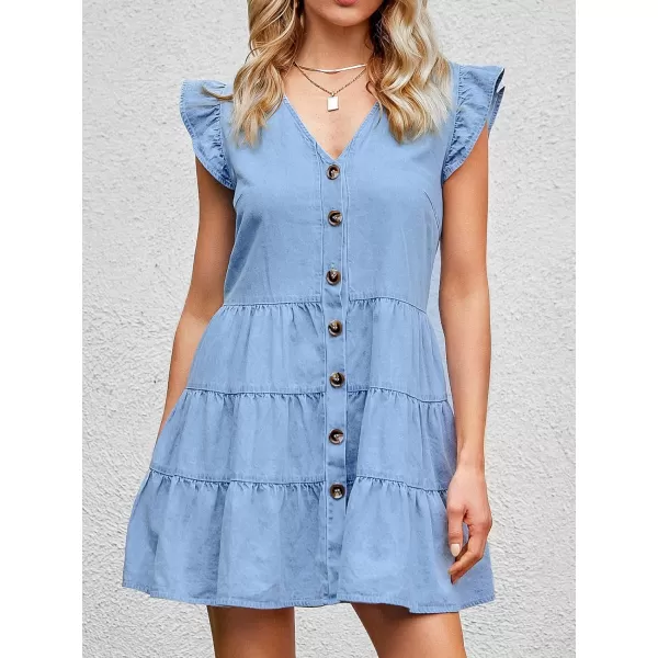 imageCUPSHE Womens Cap Sleeve Button Front Cute Denim Dress VNeck Aline Short DressesLight Blue