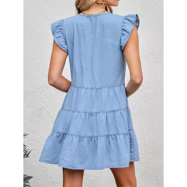 imageCUPSHE Womens Cap Sleeve Button Front Cute Denim Dress VNeck Aline Short DressesLight Blue
