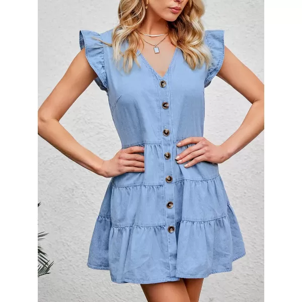 imageCUPSHE Womens Cap Sleeve Button Front Cute Denim Dress VNeck Aline Short DressesLight Blue
