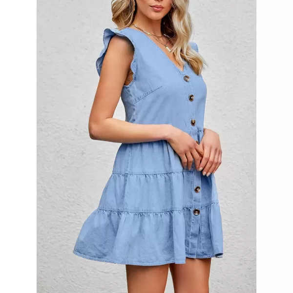 imageCUPSHE Womens Cap Sleeve Button Front Cute Denim Dress VNeck Aline Short DressesLight Blue