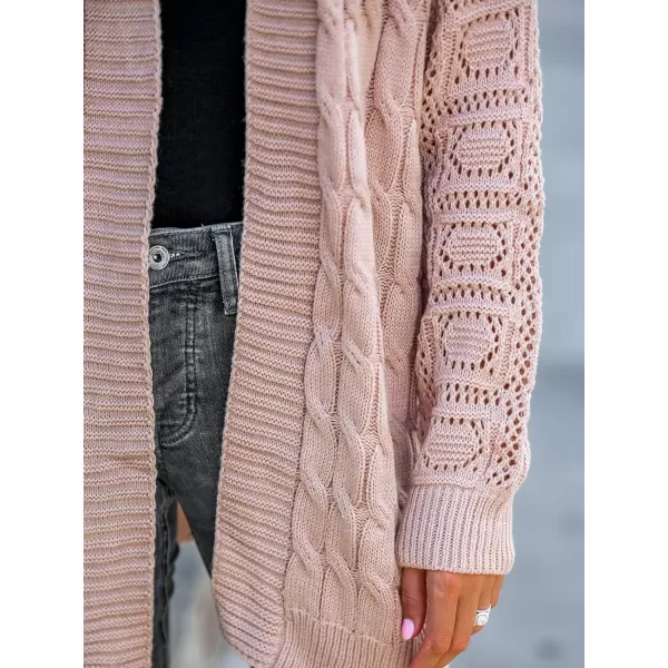 imageCUPSHE Womens Cardigan Sweaters Open Front Fashion Bliss Cable Knit Dropped Long Sleeve CoatAlmond