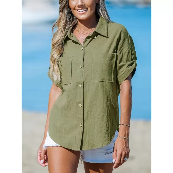 imageCUPSHE Womens Casual Button Down Tops Cotton Half Sleeve Summer Blouses Shirt with PocketGreen