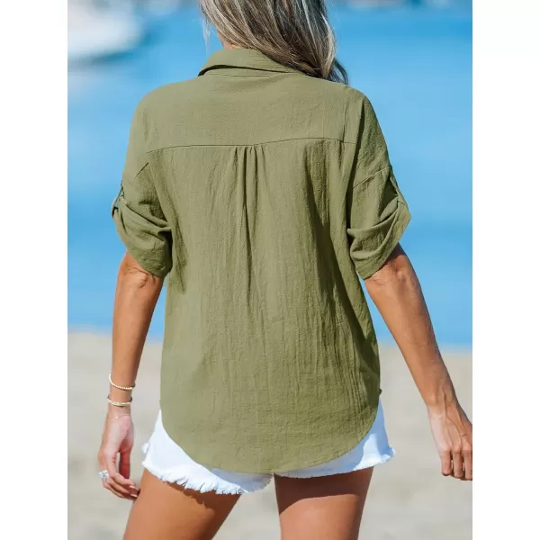 imageCUPSHE Womens Casual Button Down Tops Cotton Half Sleeve Summer Blouses Shirt with PocketGreen
