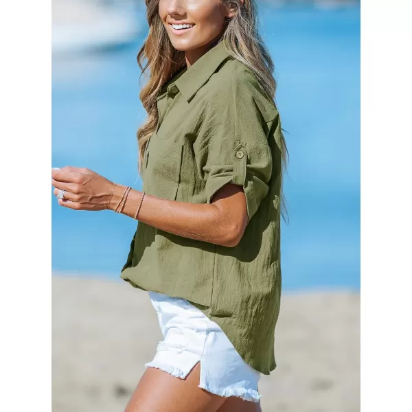 imageCUPSHE Womens Casual Button Down Tops Cotton Half Sleeve Summer Blouses Shirt with PocketGreen